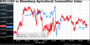 NZD/USD vs Bloomberg Agricultural Commodities Index