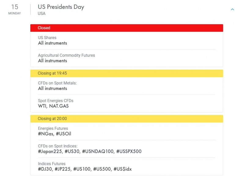 Trading schedule changes on US Presidents’ Day
