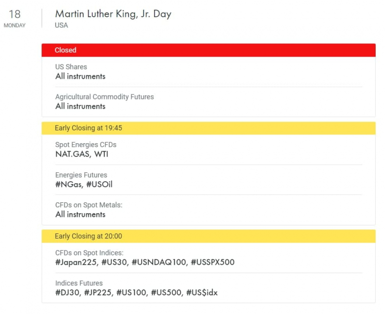 Trading schedule changes on Martin Luther King Jr. Day
